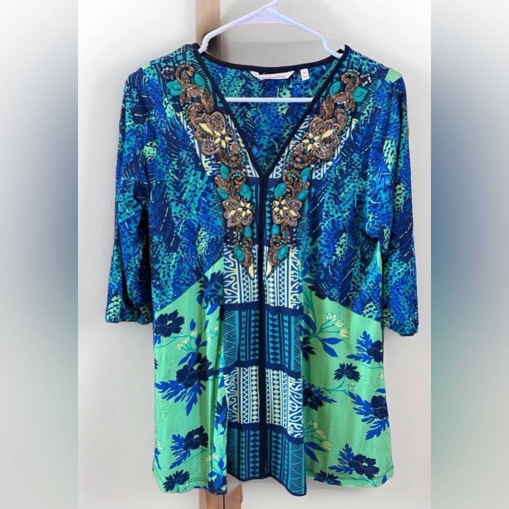 Soft Surroundings Blue & Green Beaded V-Neck Tunic